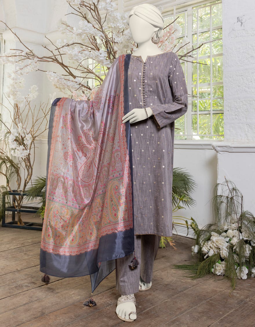 Grey Yarn Dyed Chambray Embroidered Unstitched 3 Piece Dress | Jjls-S-Jpwu-24-050