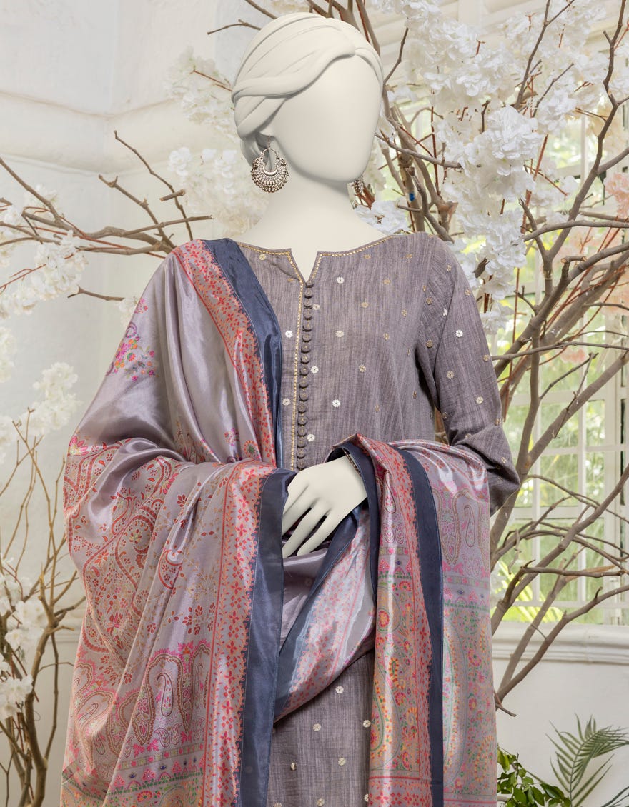 GREY YARN DYED CHAMBRAY EMBROIDERED UNSTITCHED 3PC | JJLS-S-JPWU-24-050