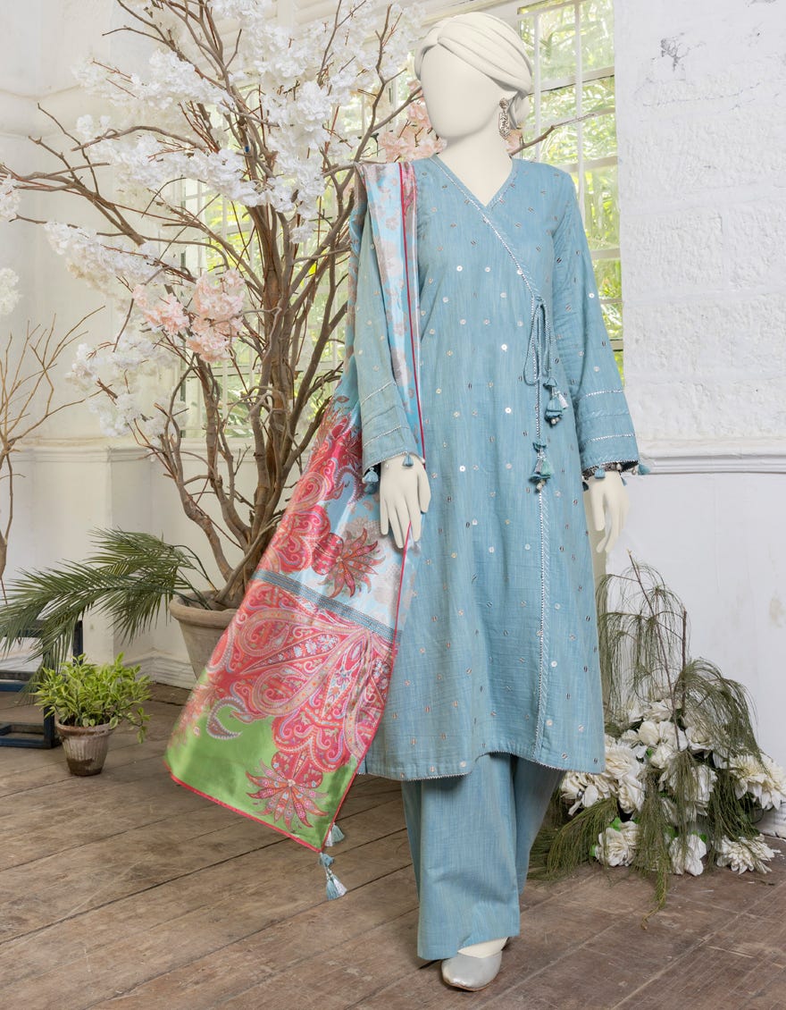 Blue Yarn Dyed Chambray Embroidered Unstitched 3 Piece Dress | Jjls-S-Jpwu-24-051
