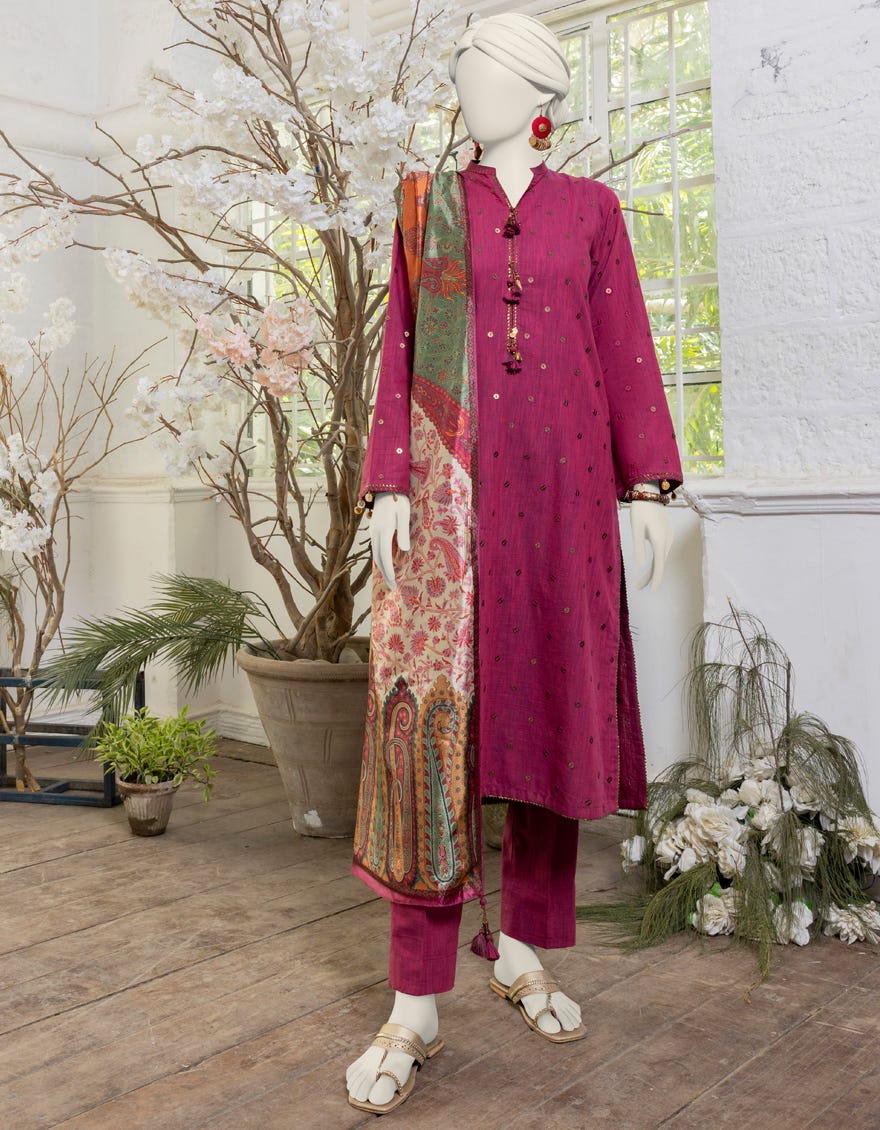 Magenta Yarn Dyed Chambray Embroidered Unstitched 3 Piece Dress | Jjls-S-Jpwu-24-052