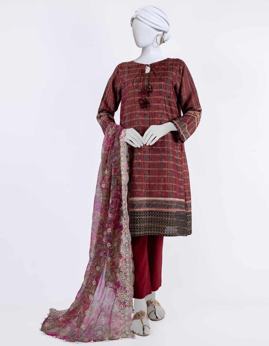 Maroon Lawn 3 Piece Stitched Dress | Jlawn-S-24-056