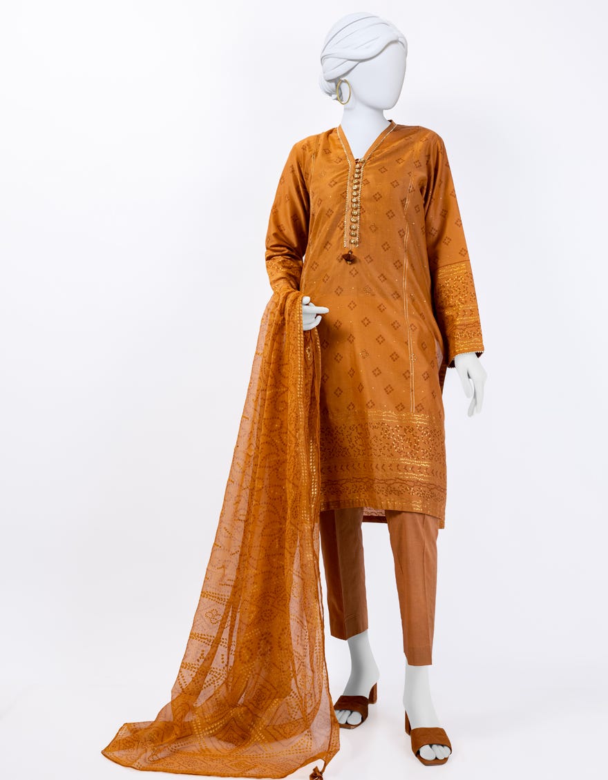 Rust Lawn 3 Piece Stitched Dress | Jlawn-S-24-078