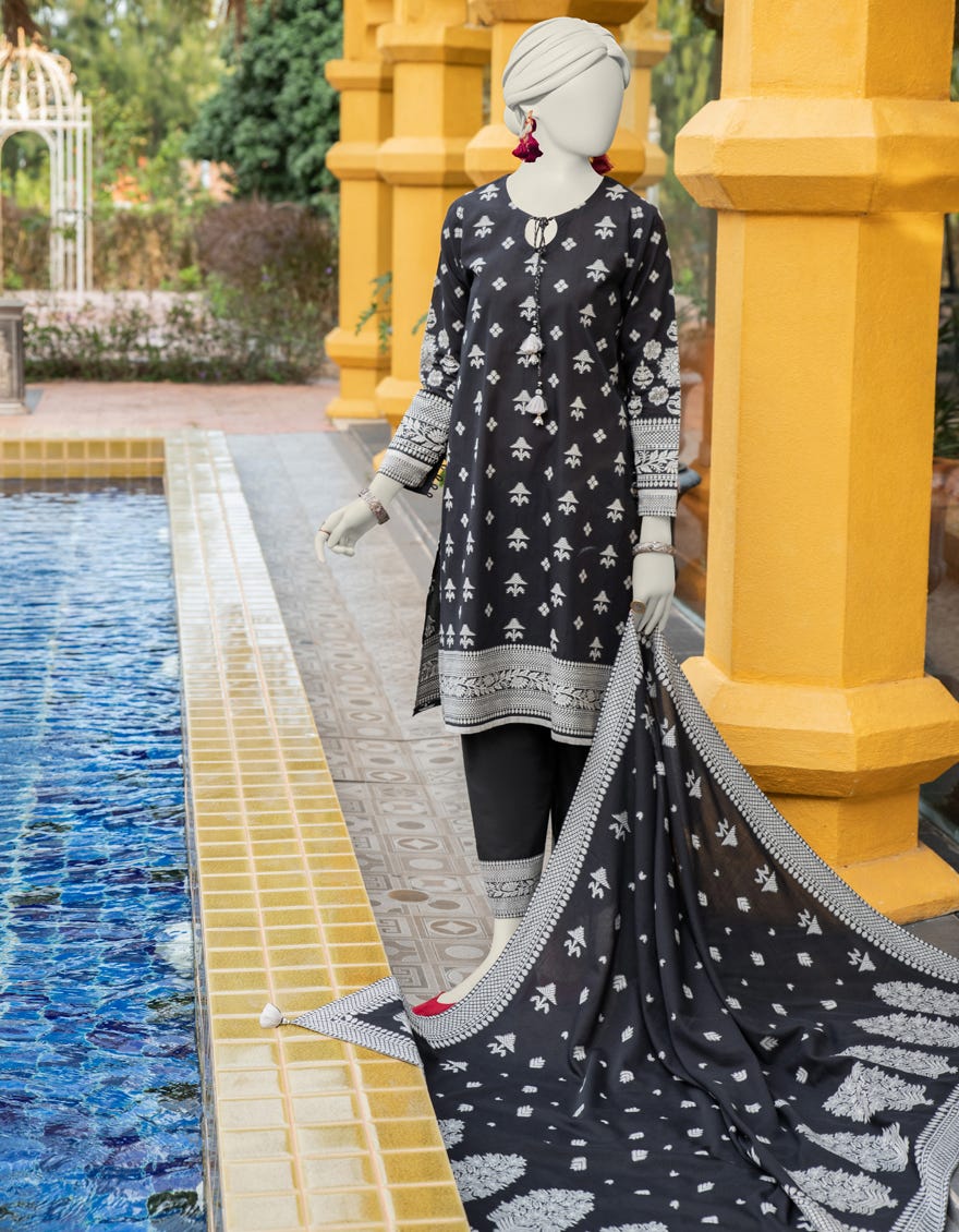 Black Jacquard Unstitched 3 Piece Dress | Jlawn-S-24-080