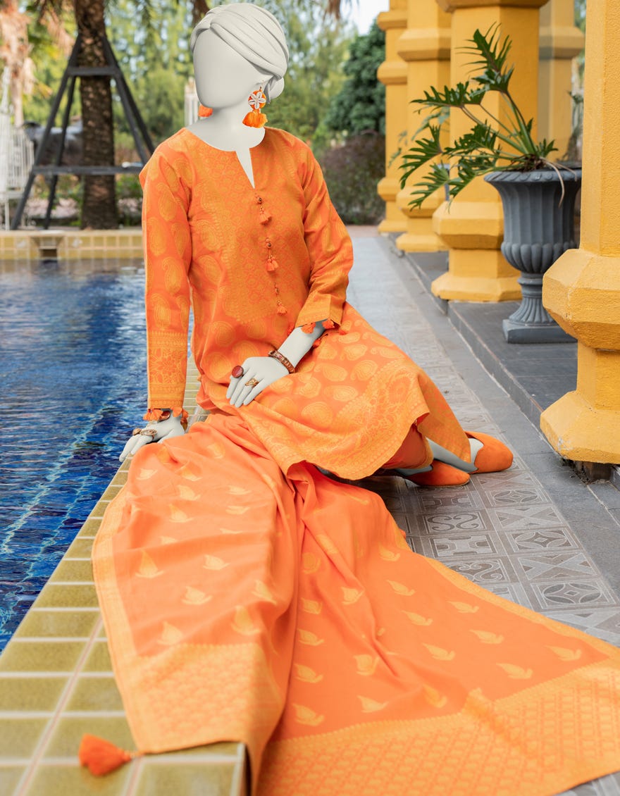 Orange Jacquard Unstitched 3 Piece Dress | Jlawn-S-24-081