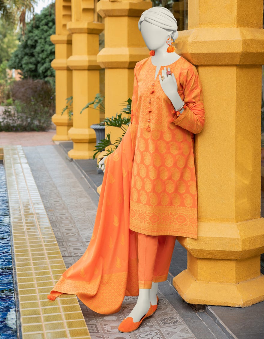 Orange Jacquard 3 Piece Stitched Dress | Jlawn-S-24-081