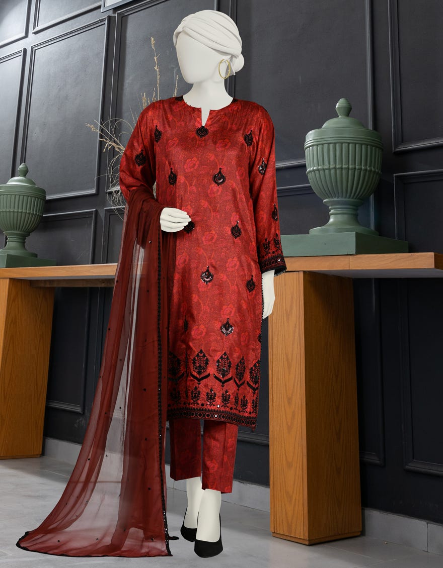 Maroon Impure Silk 3 Piece Stitched Dress | Jlawn-S-24-084