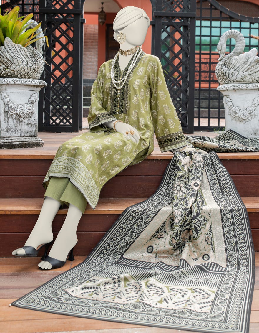 Green Lawn 3 Piece Stitched Dress | Jlawn-S-24-090