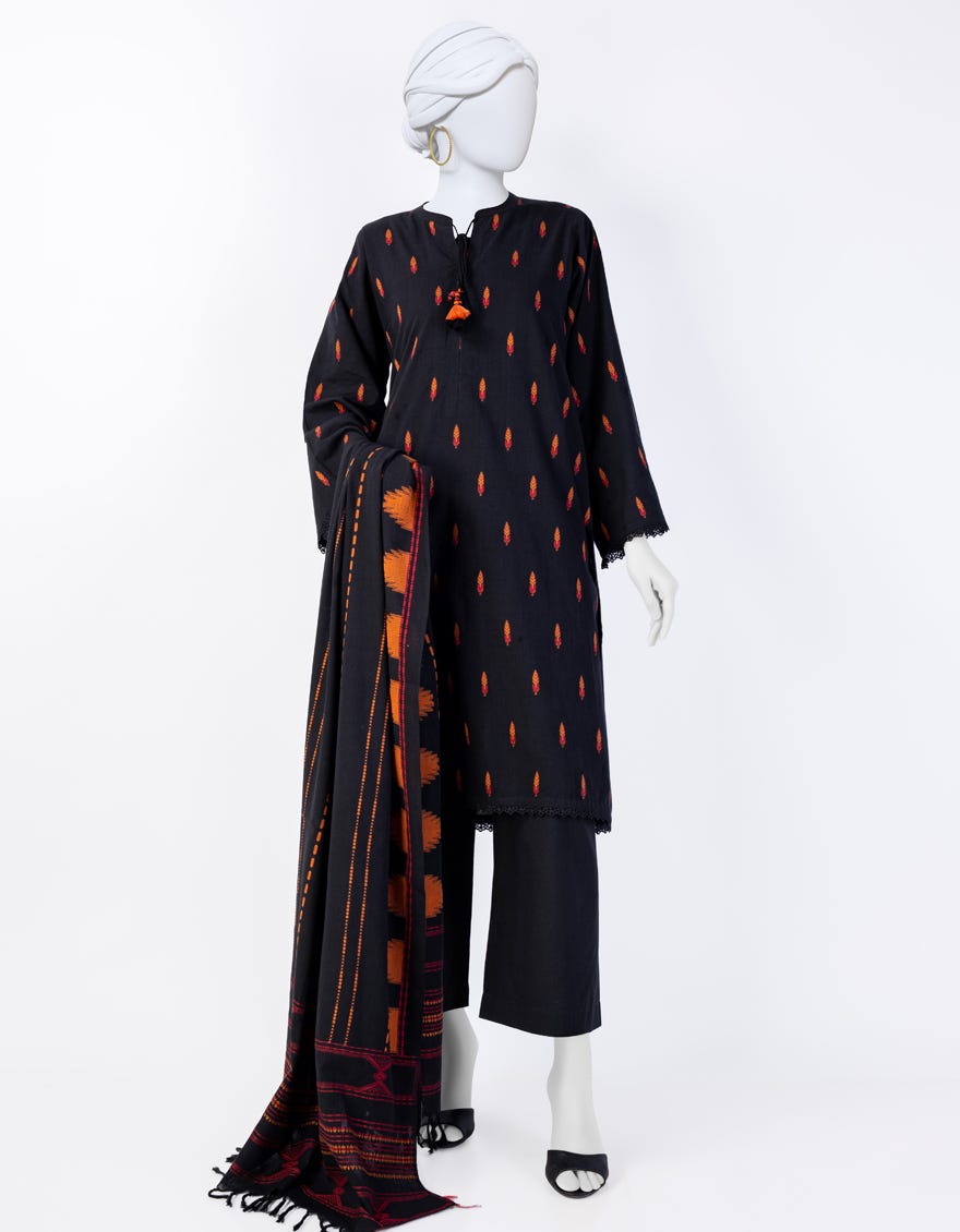 Black Jacquard 3 Piece Stitched Dress | Jlawn-S-24-095