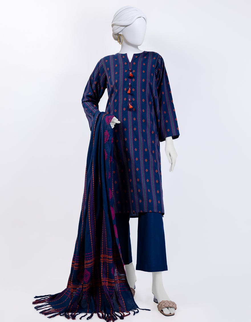 Blue Jacquard 3 Piece Stitched Dress | Jlawn-S-24-096