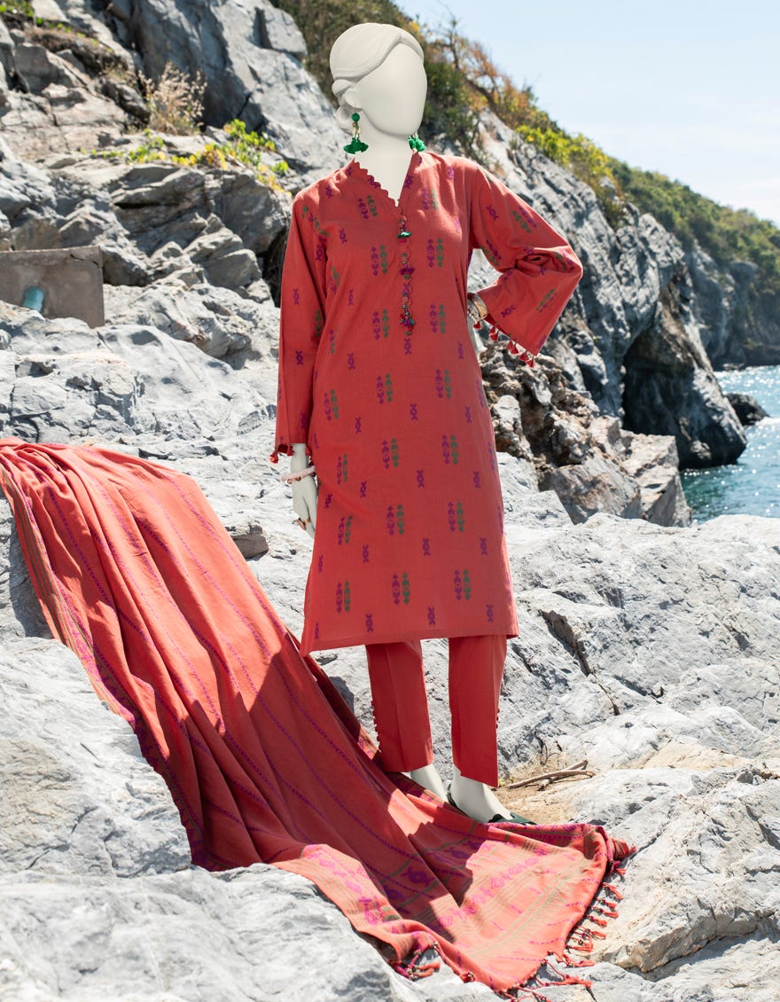 Rust Jacquard Unstitched 3 Piece Dress | Jlawn-S-24-097