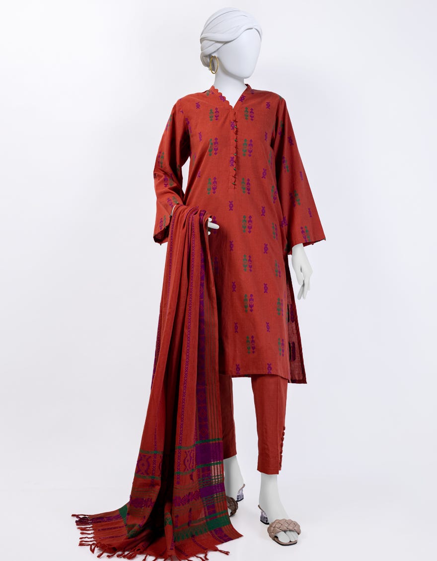 Rust Jacquard 3 Piece Stitched Dress | Jlawn-S-24-097
