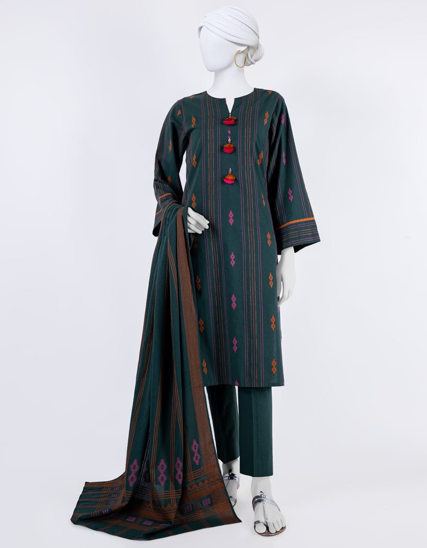 Green Jacquard 3 Piece Stitched Dress | Jlawn-S-24-098