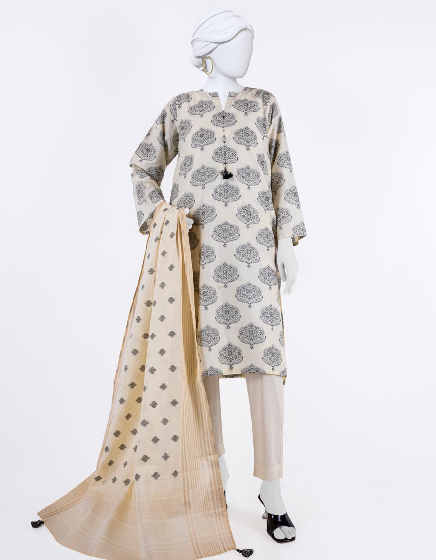 Off White Jacquard 3 Piece Stitched Dress | Jlawn-S-24-099