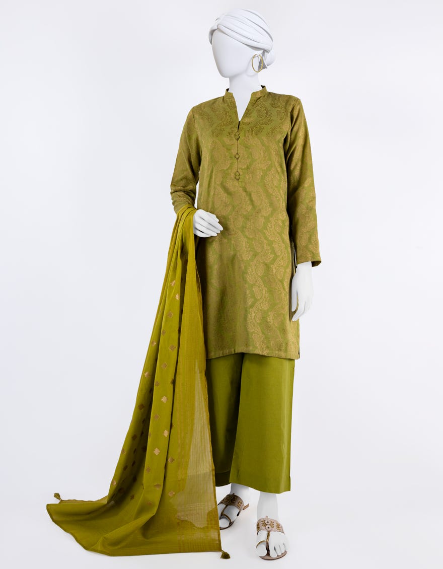 Green Jacquard 3 Piece Stitched Dress | Jlawn-S-24-100