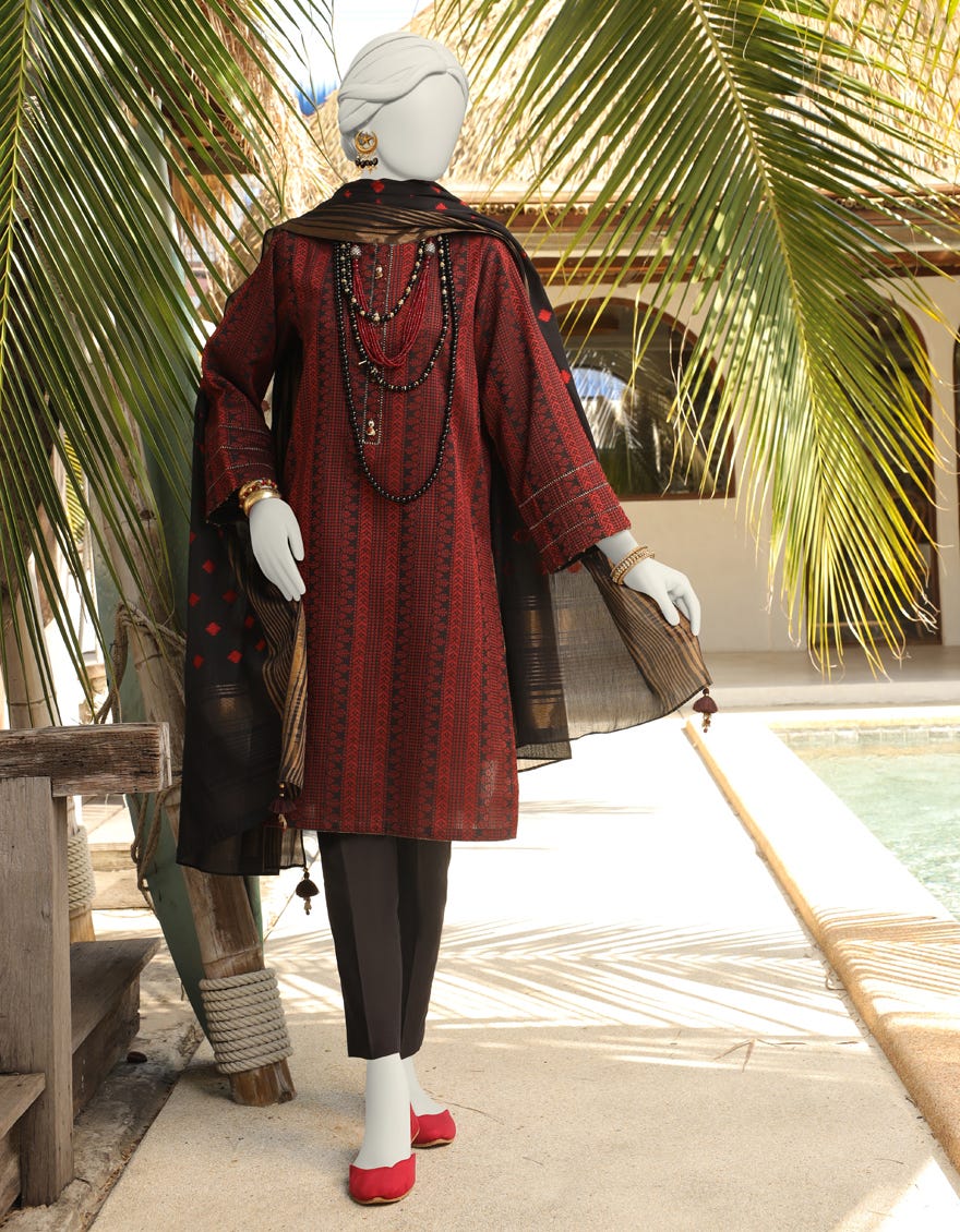 Red-Black Jacquard Unstitched 3 Piece Dress | Jlawn-S-24-101