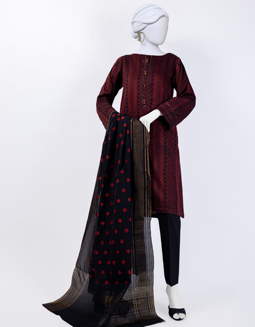 Black-Red Jacquard 3 Piece Stitched Dress | Jlawn-S-24-101