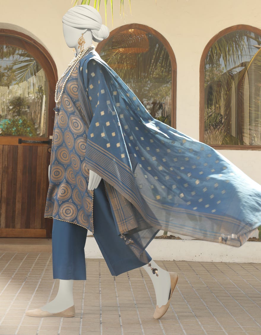 Blue Jacquard Unstitched 3 Piece Dress | Jlawn-S-24-102