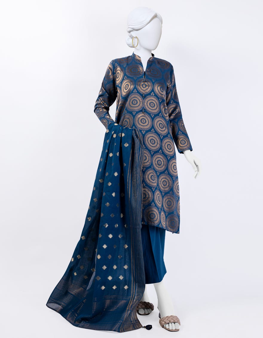Blue Jacquard 3 Piece Stitched Dress | Jlawn-S-24-102