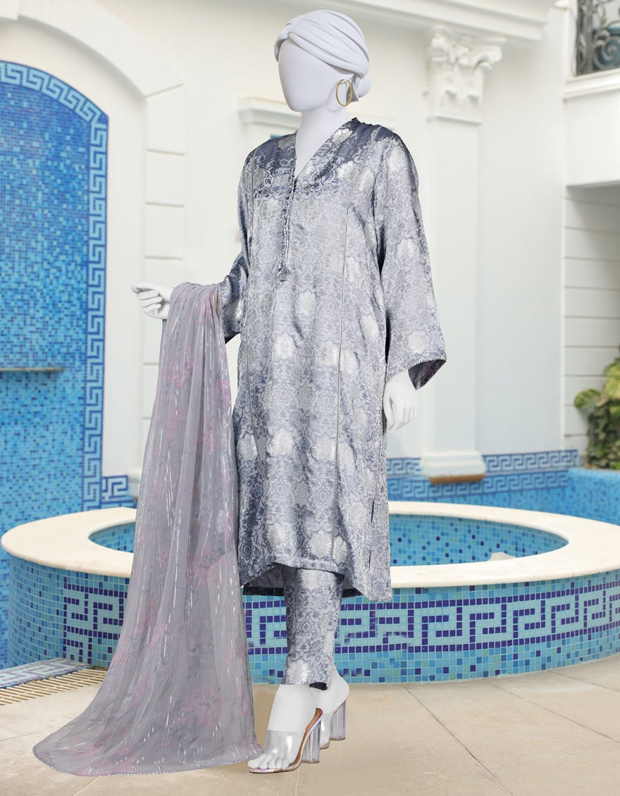 Grey Jacquard Stitched 3 Piece | Jlawn-S-24-116