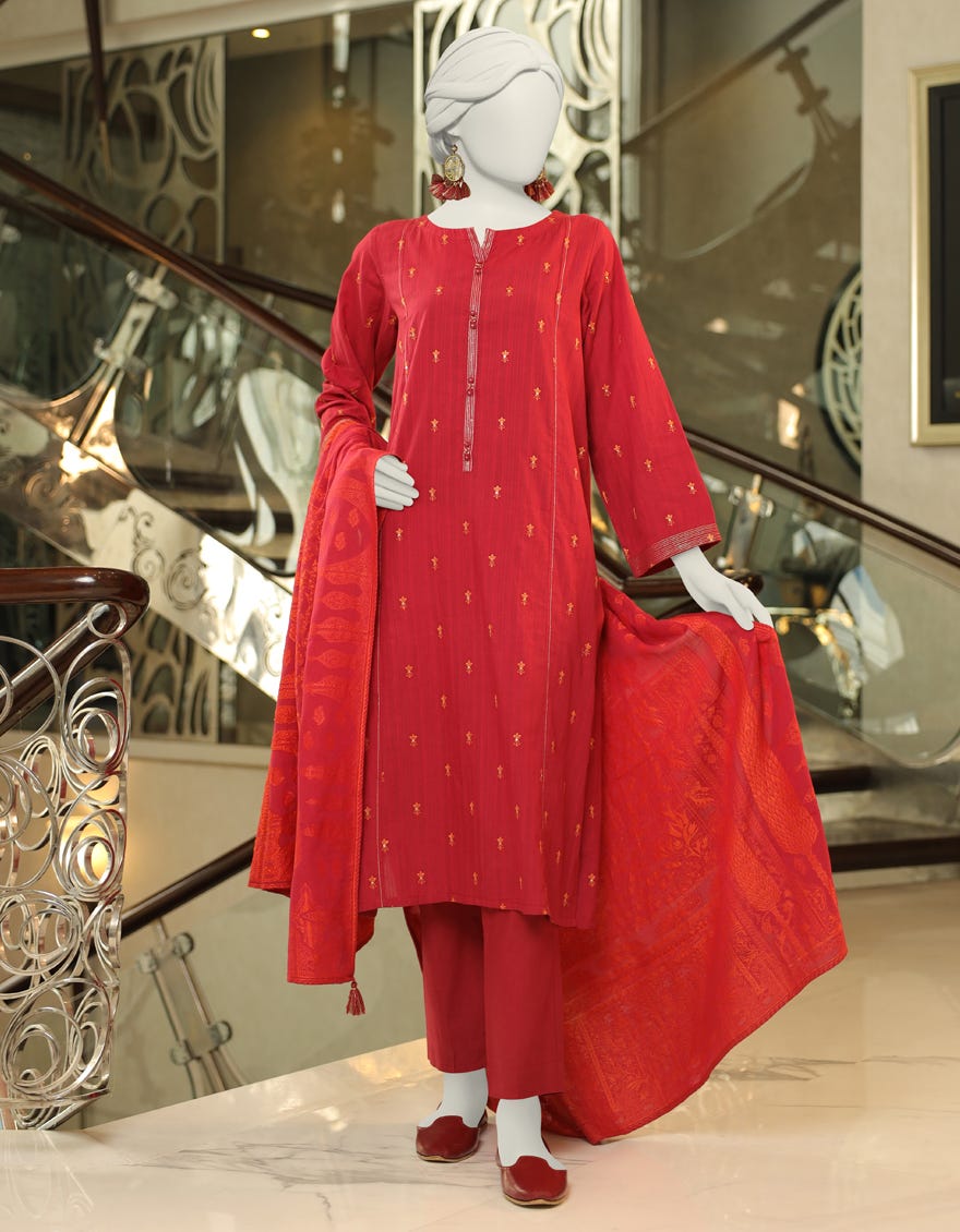 MAROON DOBBY STITCHED 3PC | JLAWN-S-24-121