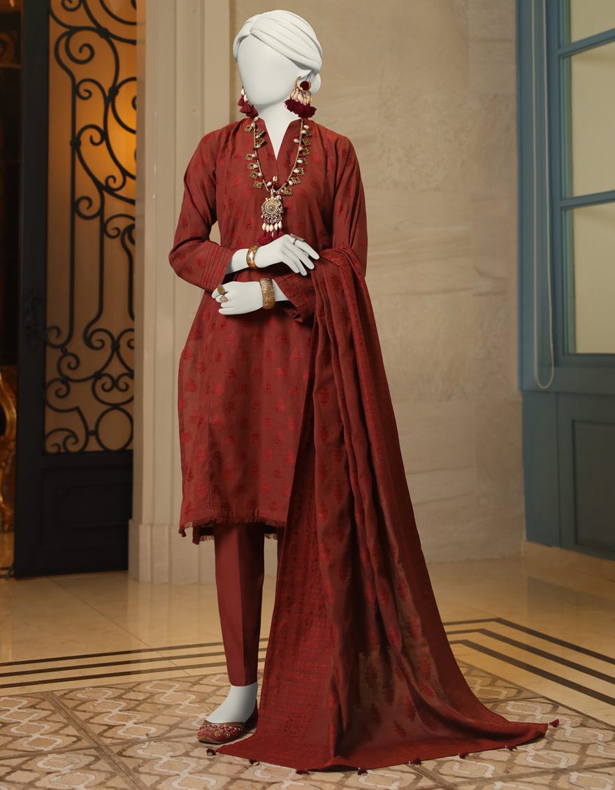 Maroon Jacquard Unstitched 3 Piece Dress | Jlawn-S-24-127 Gul-E-Noor-01