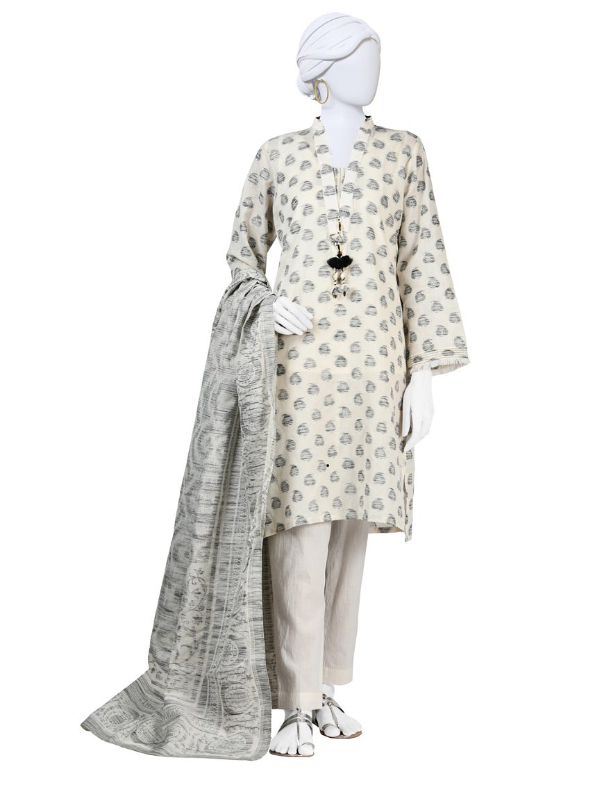 Off White Jacquard Stitched 3 Piece | Jlawn-S-24-134