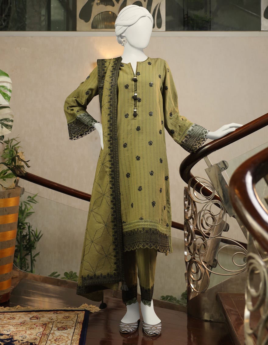 Green Textured Stitched 3 Piece | Jlawn-S-24-148