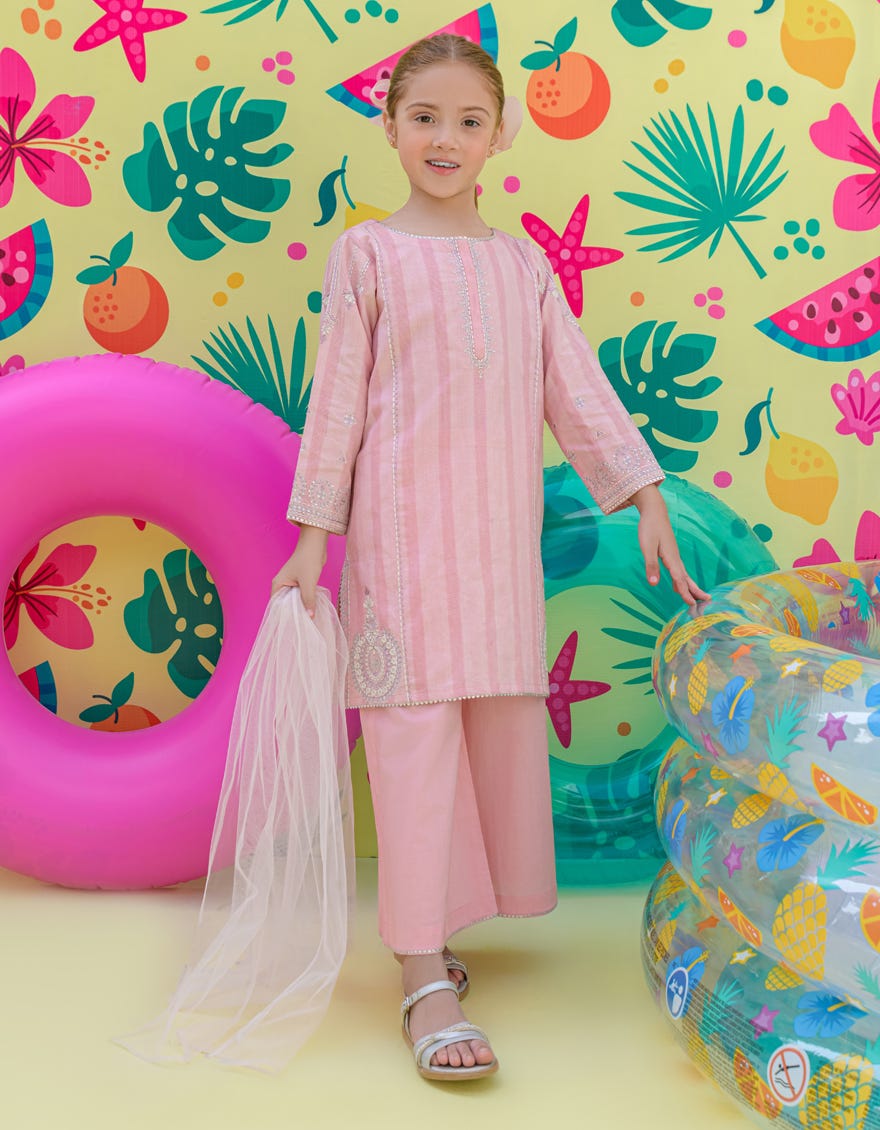 Pink Cotton Dobby Girls 3 Piece Stitched | Jgkl-S-24-1507