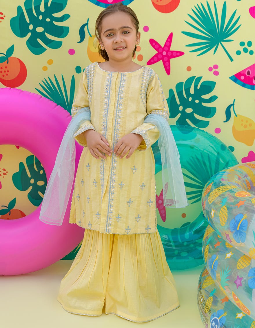 Yellow Cotton Dobby Girls 3 Piece Stitched | Jgkl-S-24-1508