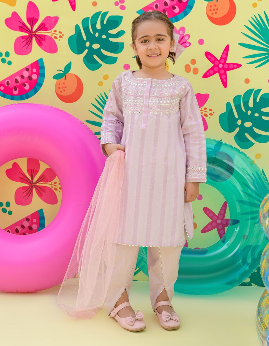 Lilac Cotton Dobby Girls 3 Piece Stitched | Jgkl-S-24-1510