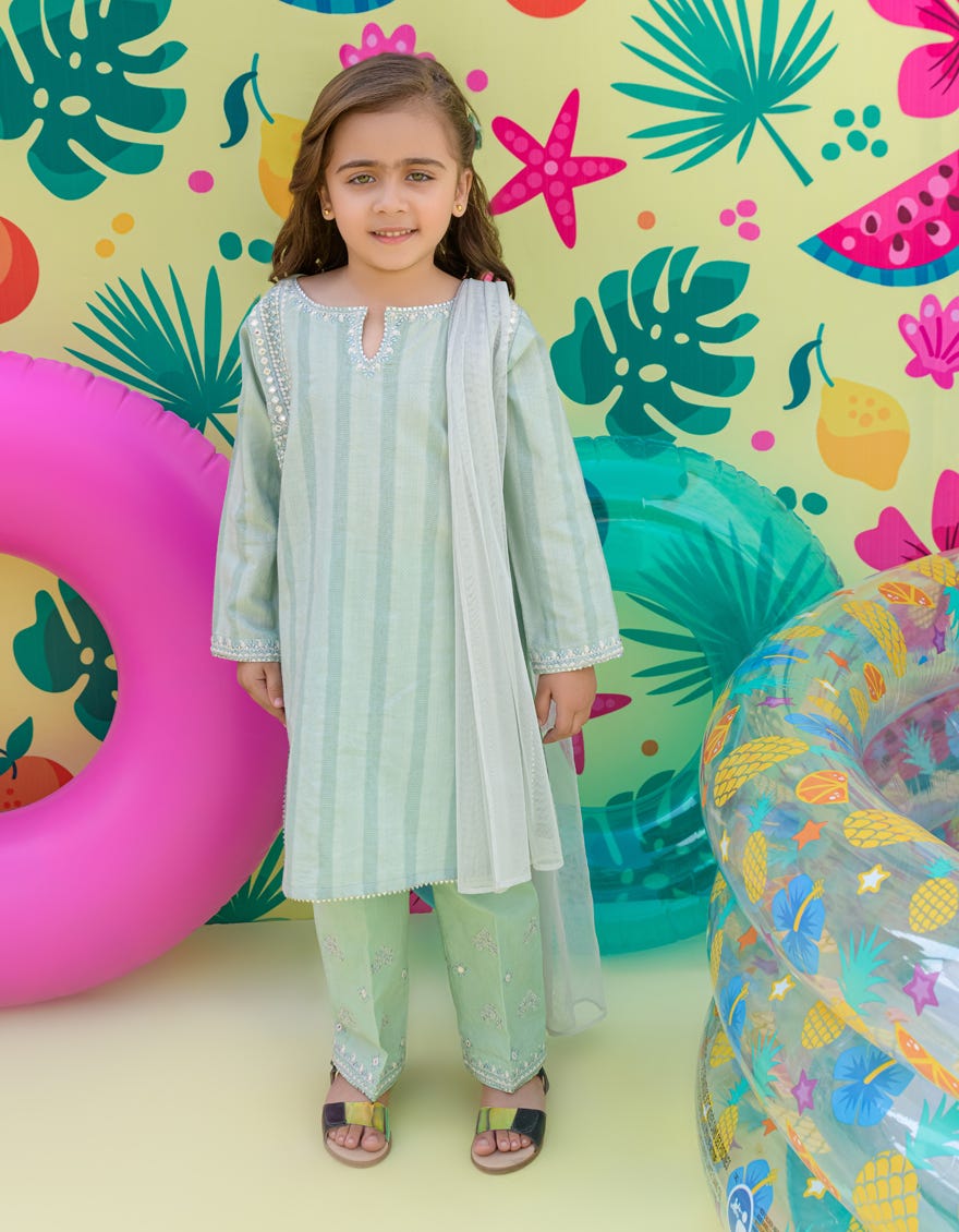 Green Cotton Dobby Girls 3 Piece Stitched | Jgkl-S-24-1511