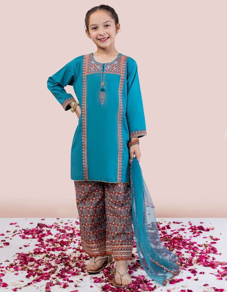 Teal Lawn Girls 3 Piece Stitched | Jgkl-S-24-1532
