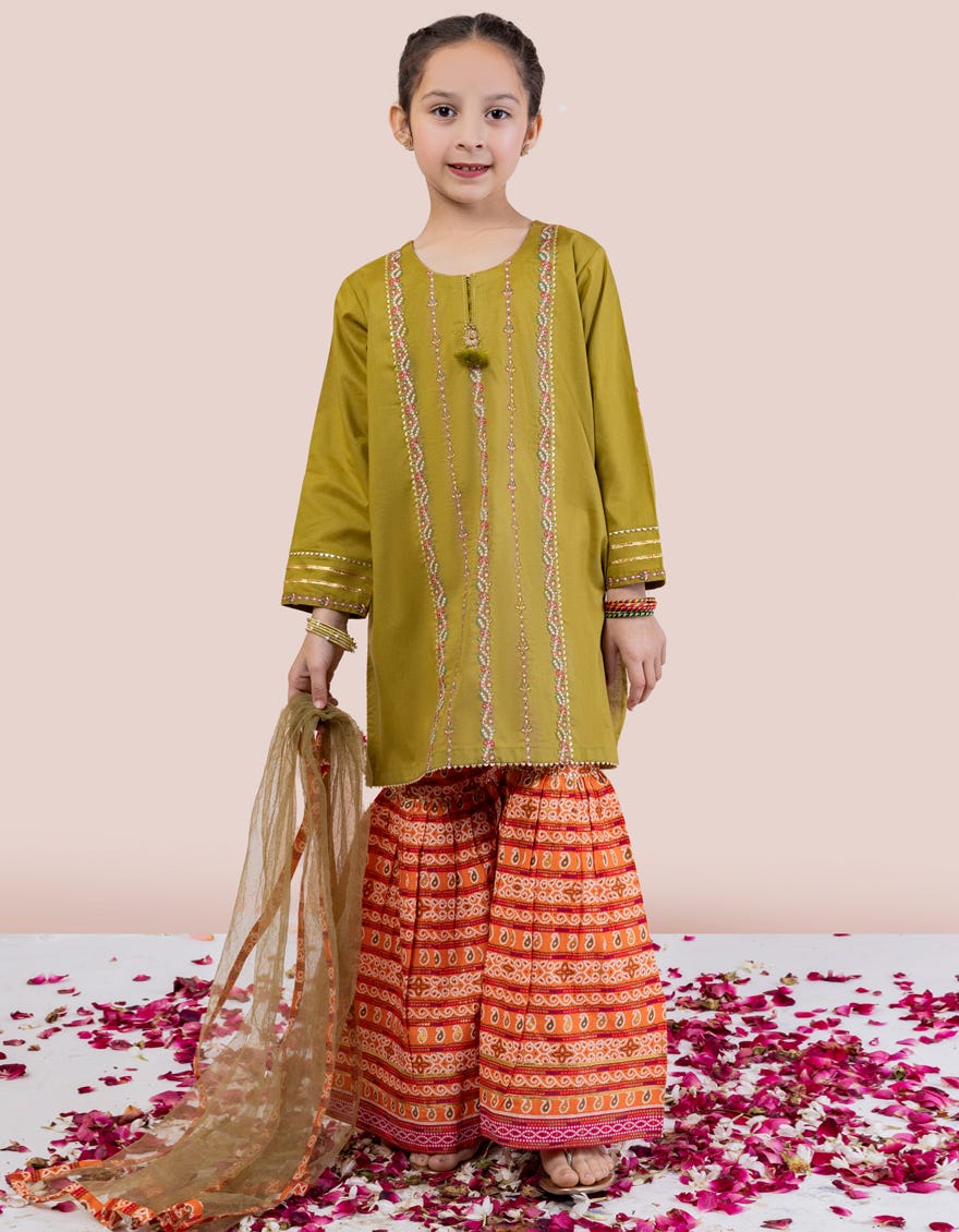 Olive Green Lawn Girls 3 Piece Stitched | Jgkl-S-24-1536