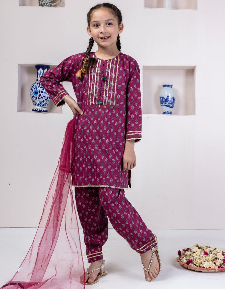 Maroon Cambric Stitched 3 Piece | Jgkl-S-24-1543
