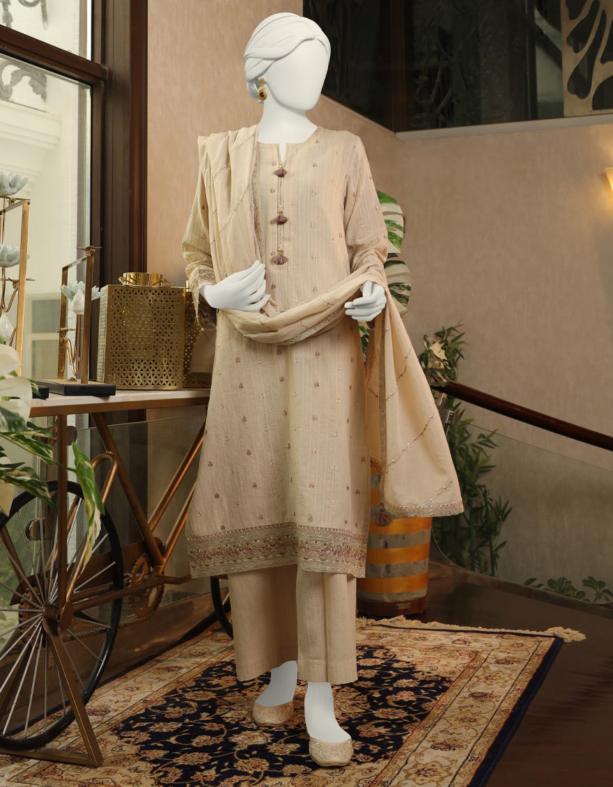 Beige Textured Stitched 3 Piece | Jlawn-S-24-154