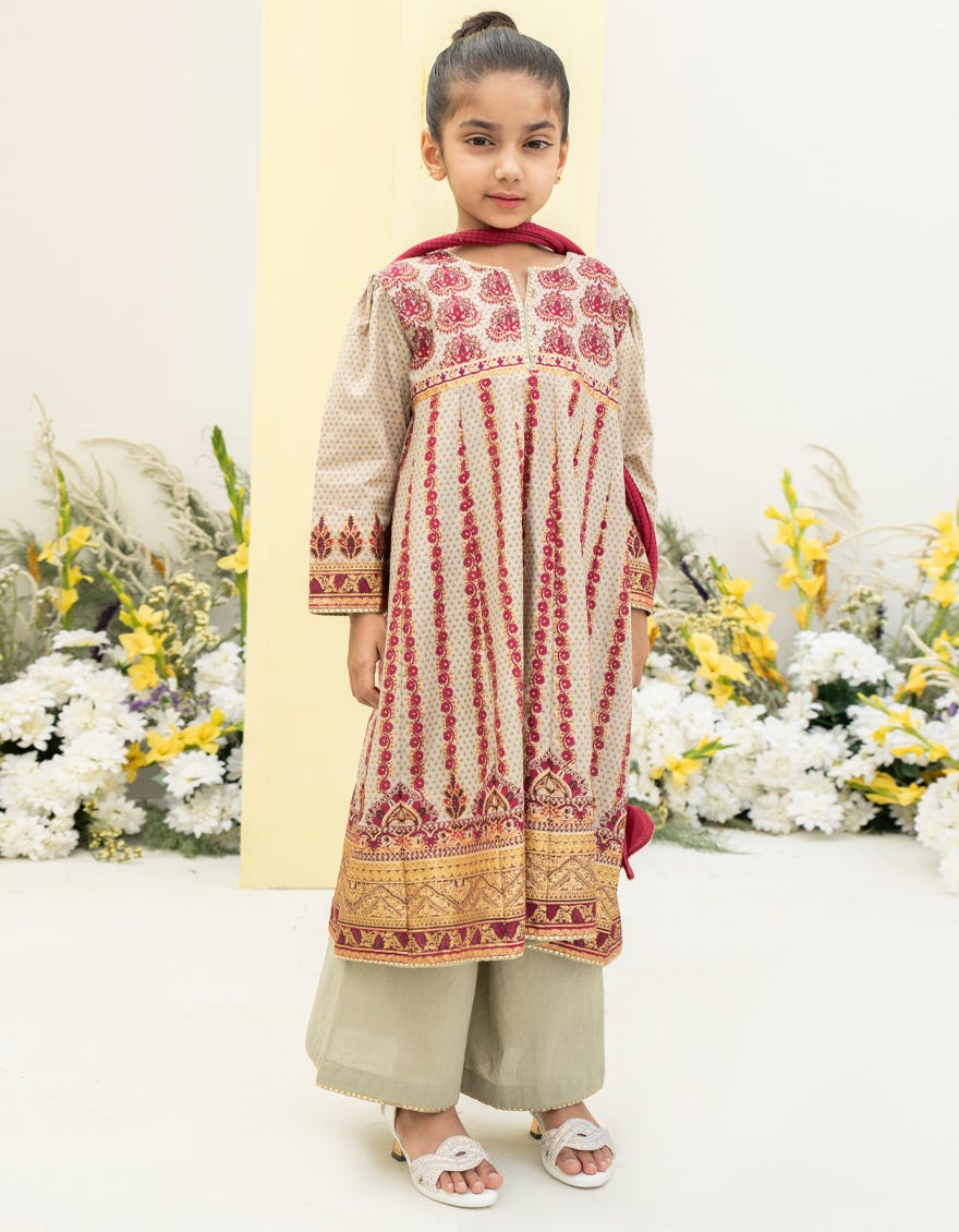 Beige Lawn 3 Piece Stitched Dress | Jgkl-S-24-1565