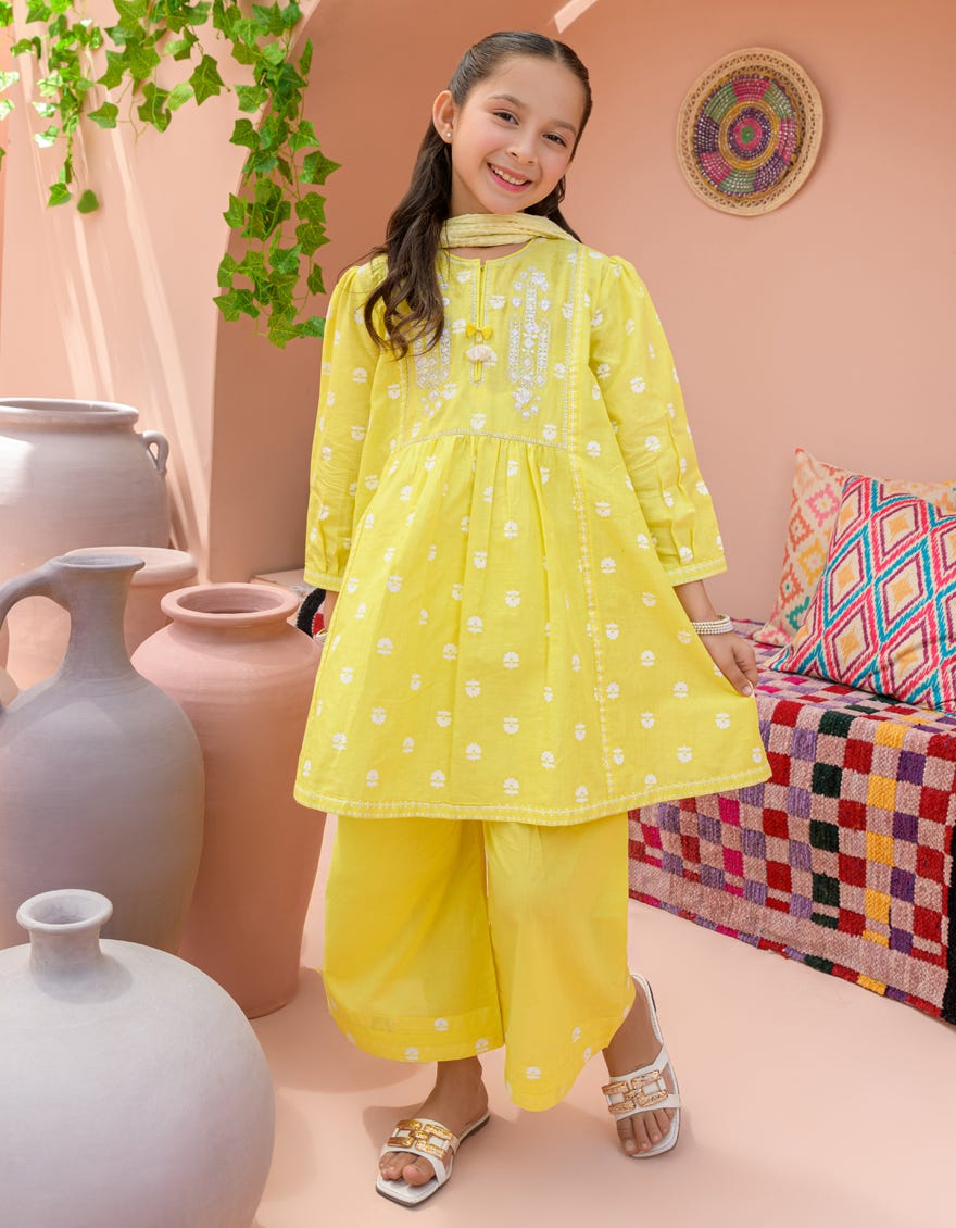 Yellow Lawn 3 Piece Stitched Dress | Jgkl-S-24-1573