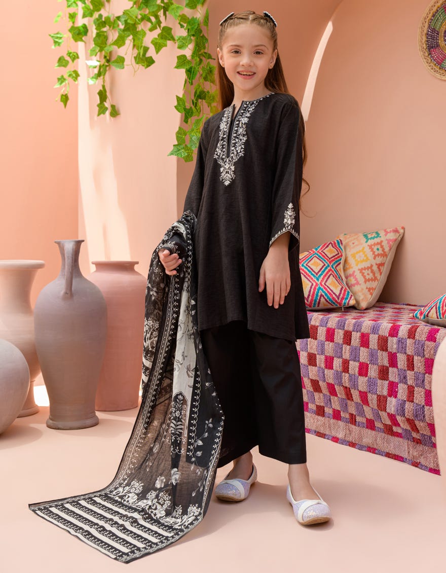 Black Textured 3 Piece Stitched Dress | Jgkl-S-24-1574