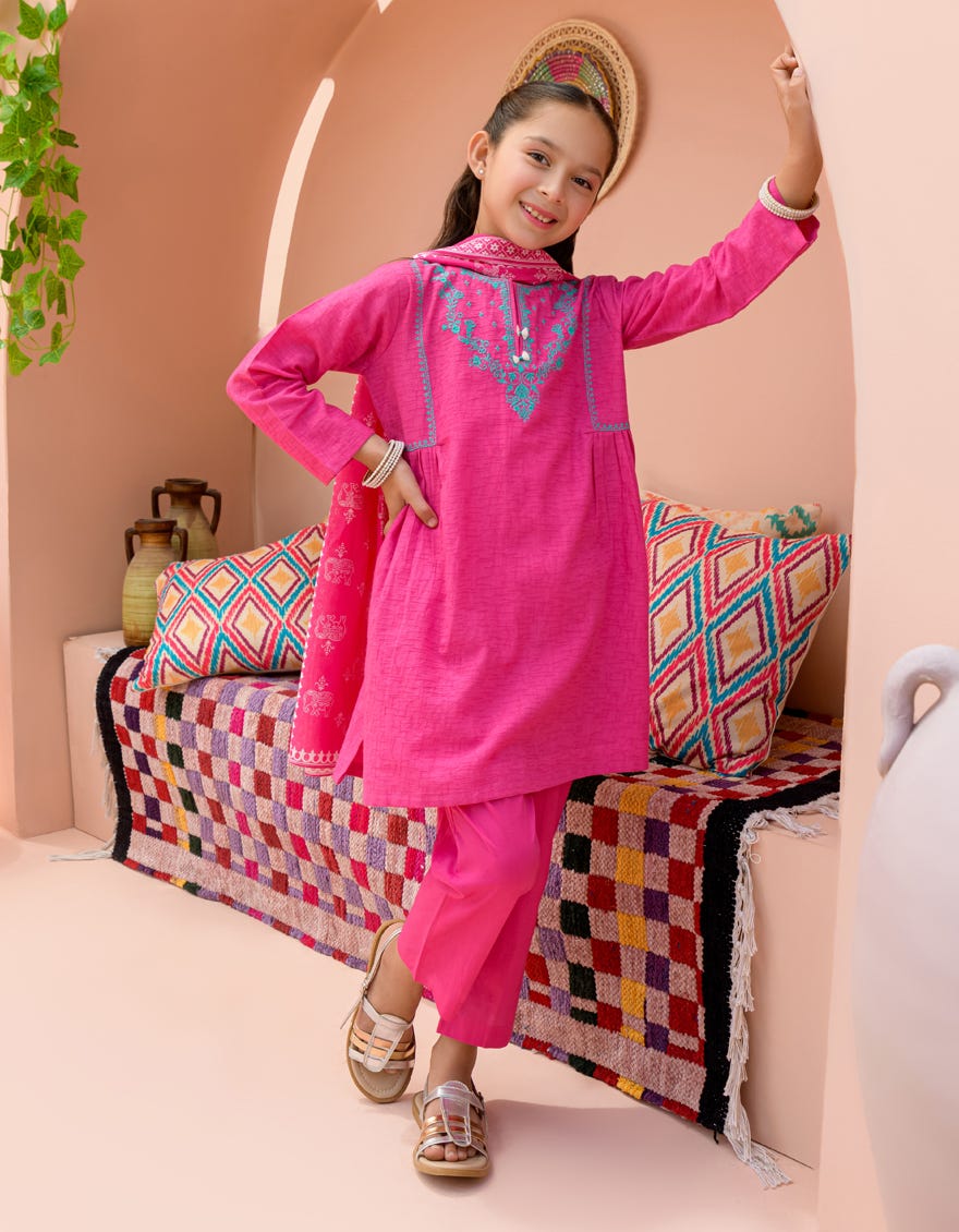Pink Textured 3 Piece Stitched Dress | Jgkl-S-24-1576