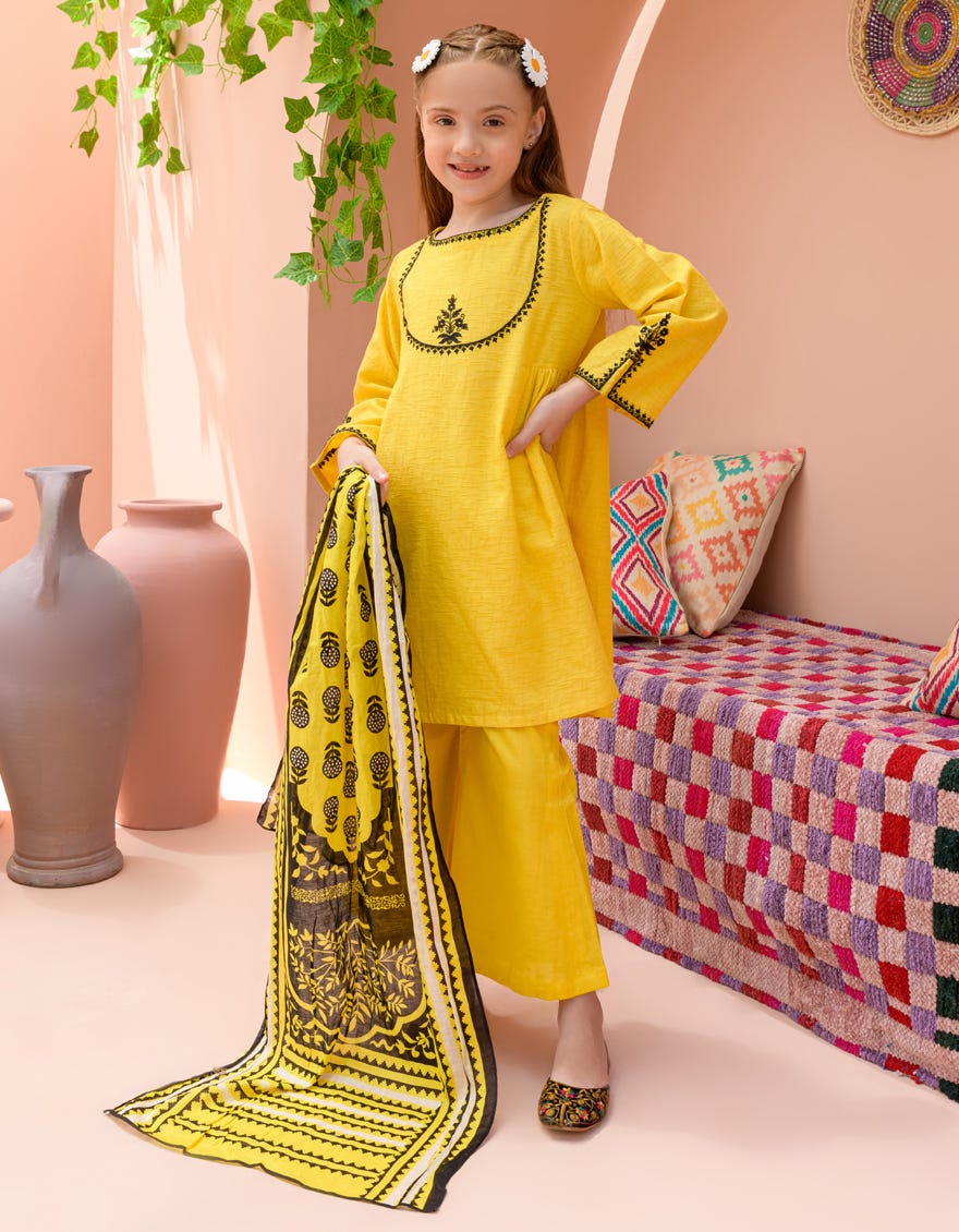 Yellow Textured 3 Piece Stitched Dress | Jgkl-S-24-1578