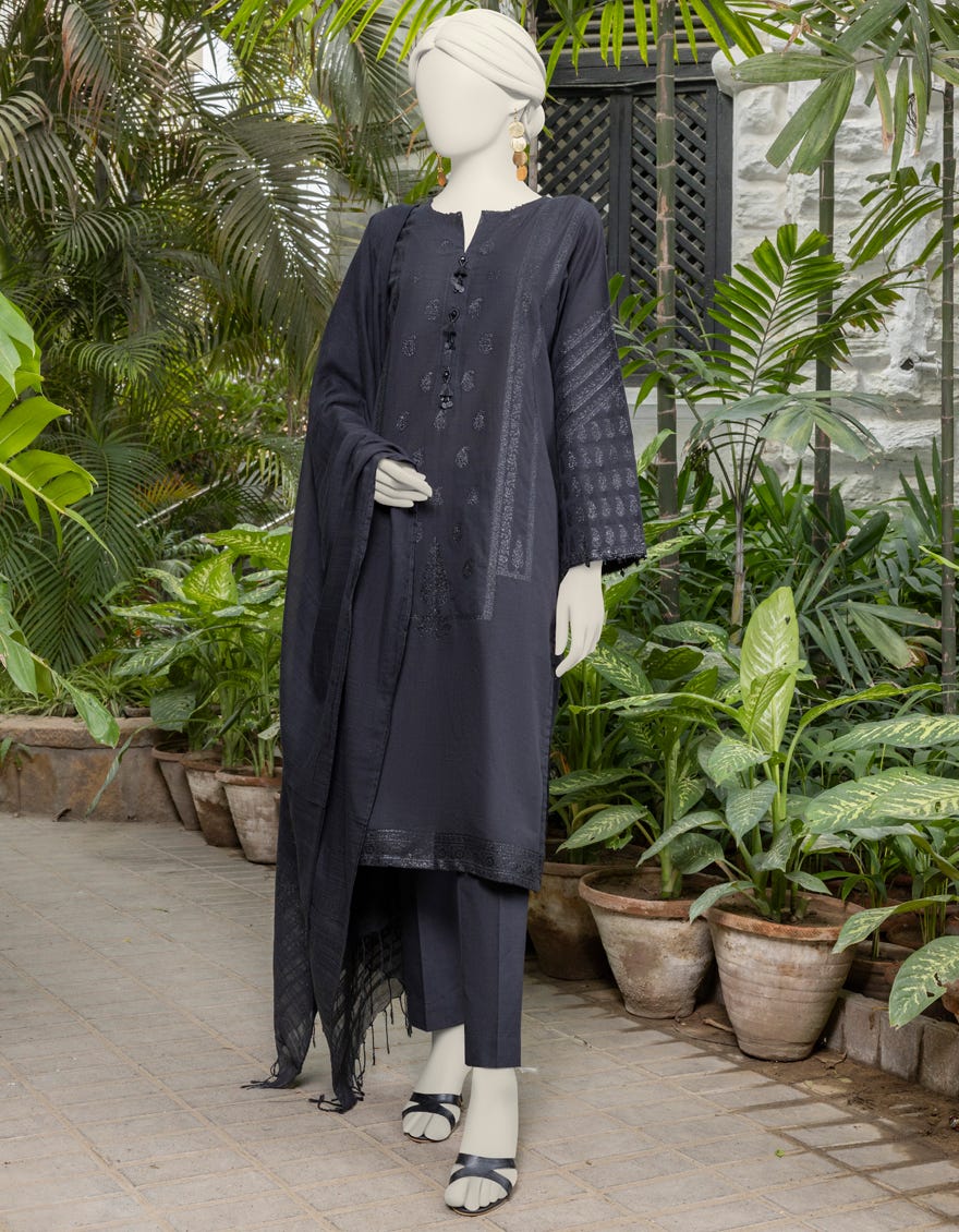 Black Jacquard Woven Unstitched 3 Piece Dress | Jlawn-S-24-158