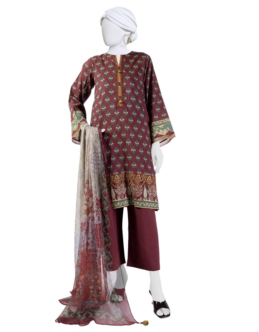 Brown Lawn 3 Piece Stitched Dress | Jlawn-S-24-170