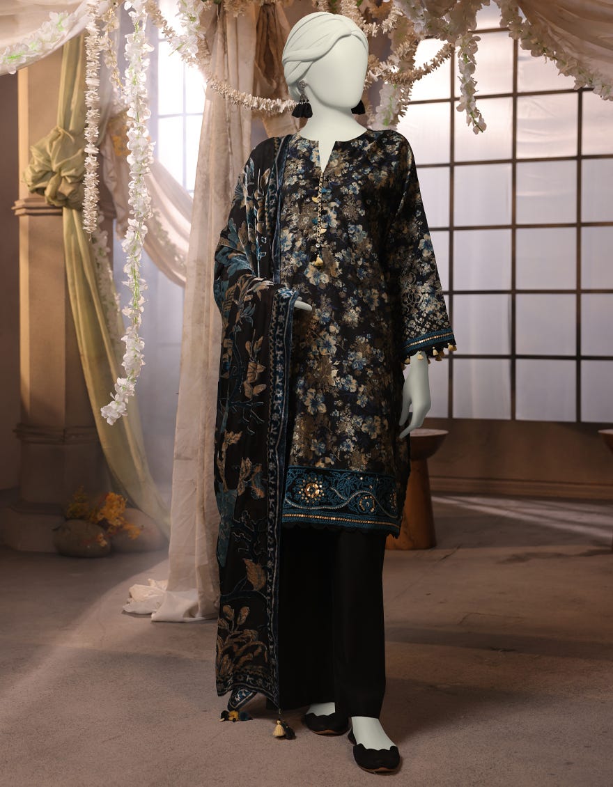BLUE JACQUARD EMBROIDERED UNSTITCHED 3PC