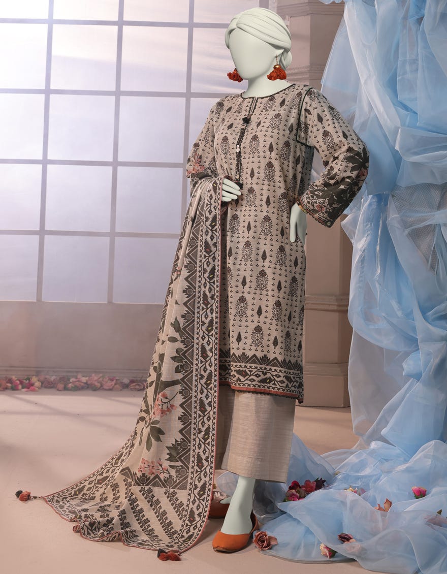 OFF WHITE KHADDAR PRINTED UNSTITCHED 3PC