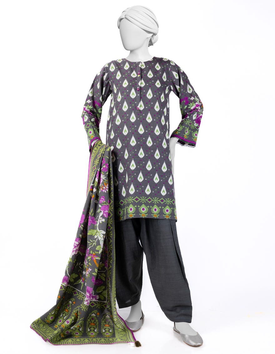 GREY KHADDAR PRINTED 3PC STITCHED