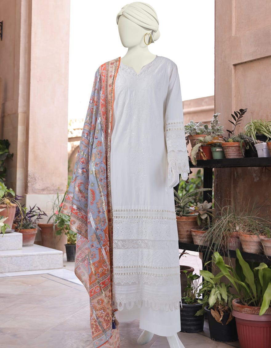 White Schiffli Lawn Unstitched 3 Piece Dress | Jlawn-S-24-173