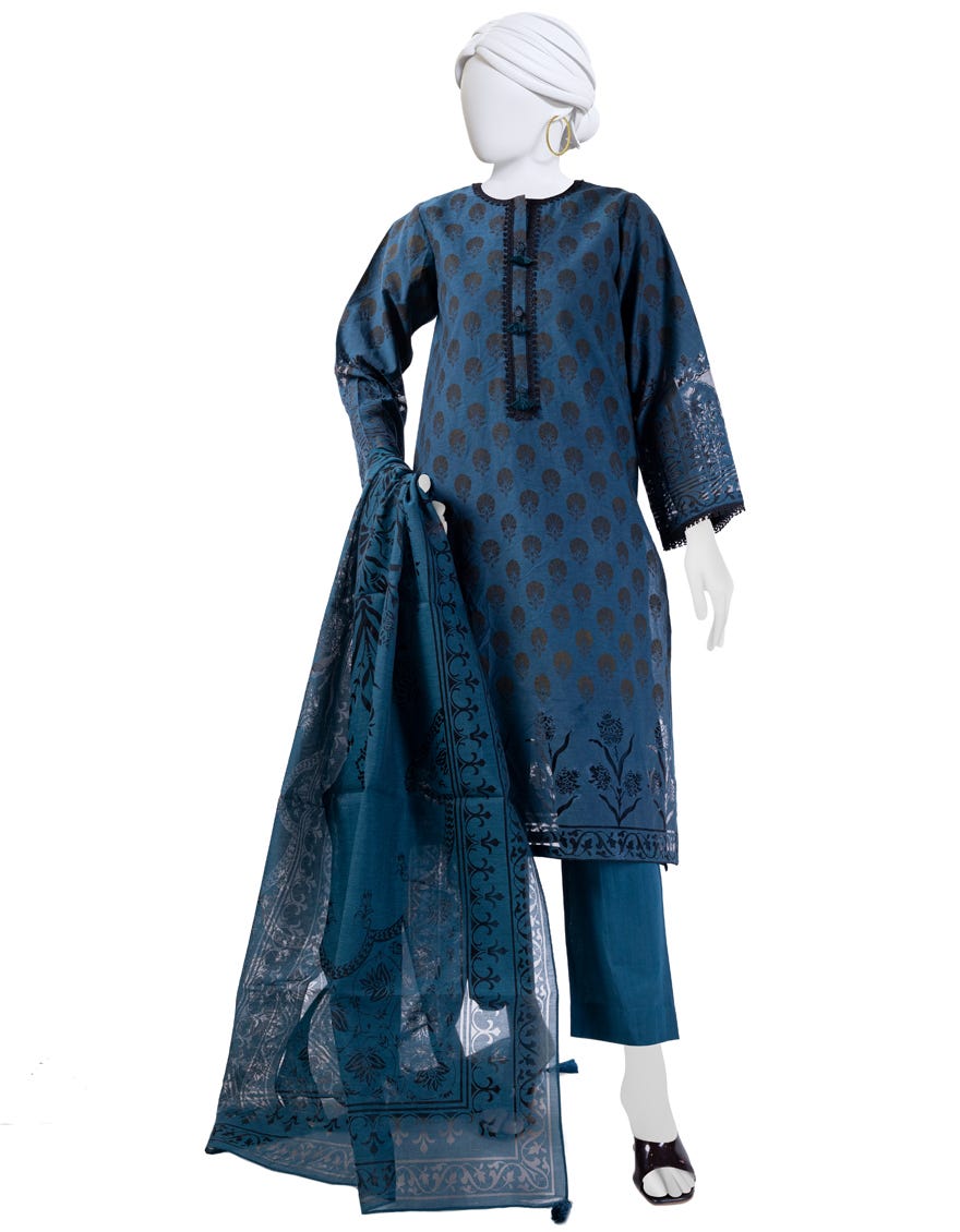 Blue Cotton 3 Piece Stitched Dress | Jlawn-S-24-179