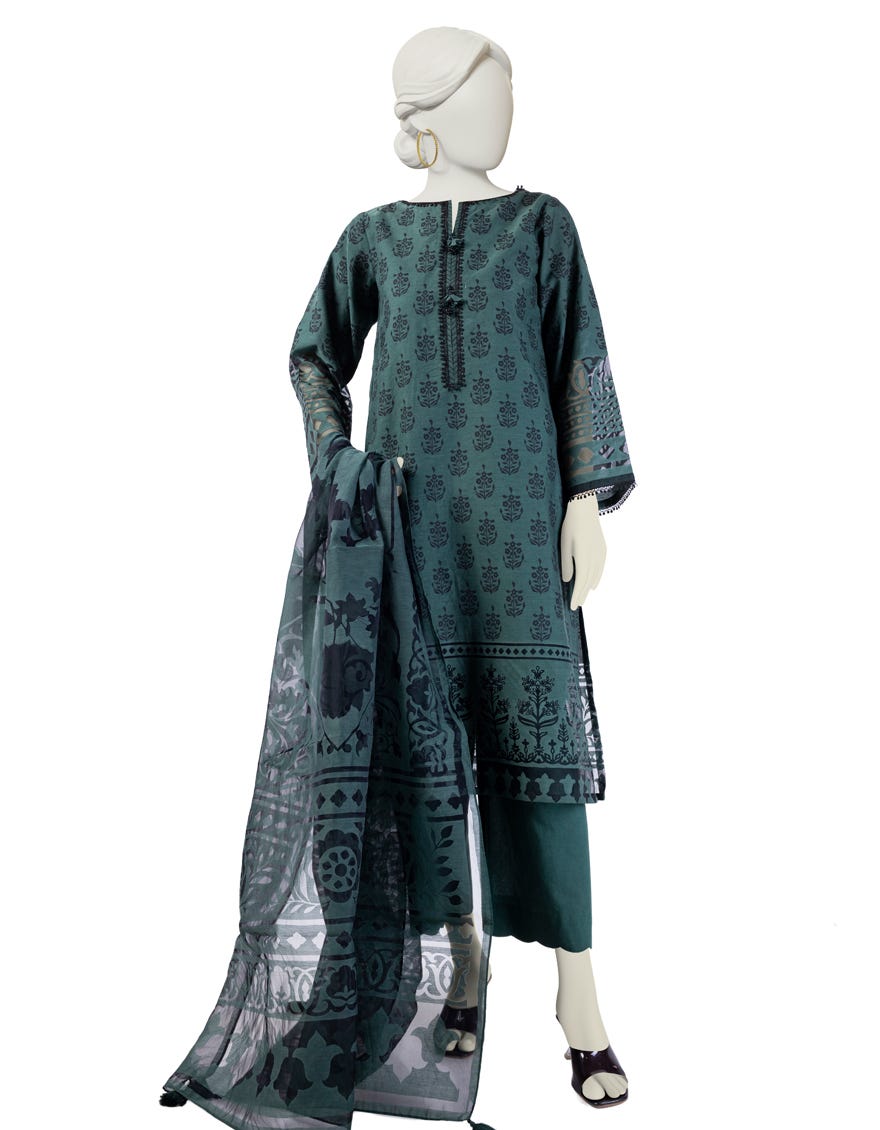 Green Cotton 3 Piece Stitched Dress | Jlawn-S-24-180
