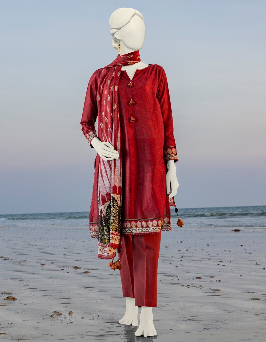RED LAWN UNSTITCHED 3PC | JLAWN-S-24-182