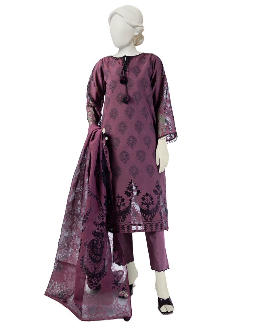Purple Cotton 3 Piece Stitched Dress | Jlawn-S-24-182
